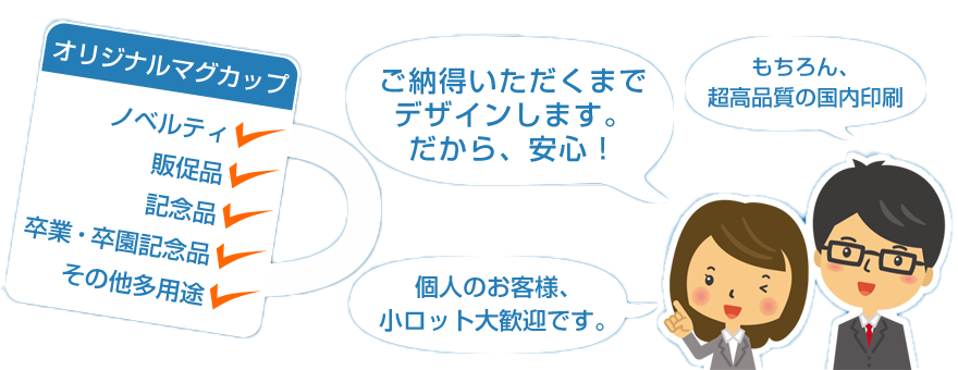 オリジナルマグカップ ノベルティ 販促品 記念品 卒業・卒園記念品 その他多用途　ご納得いただくまでデザインします。だから、安心！　もちろん、超高画質の国内印刷　個人のお客様、小ロット大歓迎です。